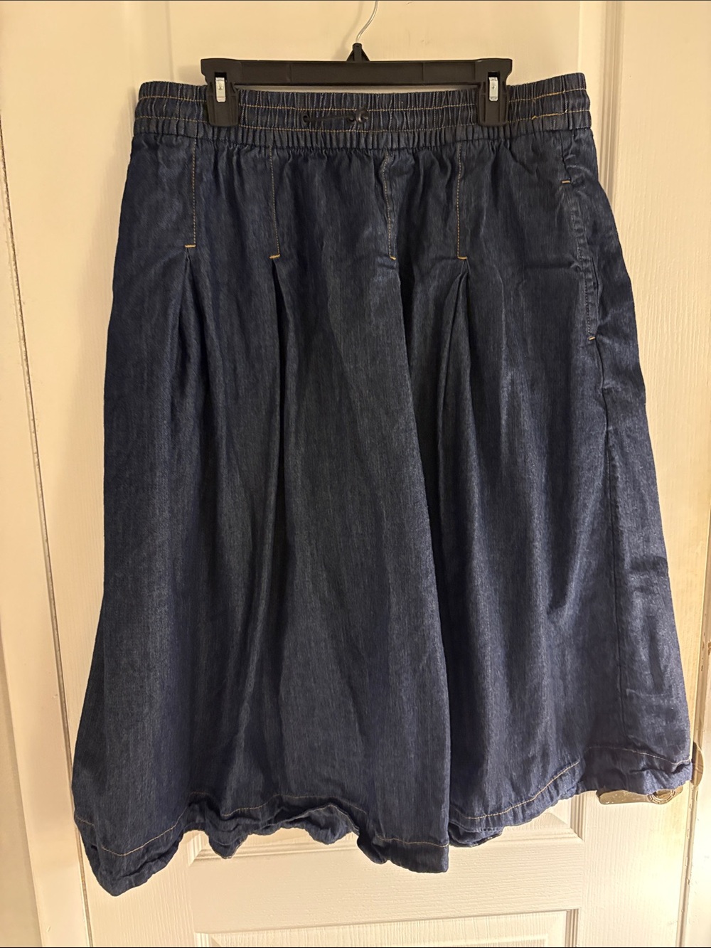Women's Dark Blue Denim Midi Skirt with Elastic Waist
